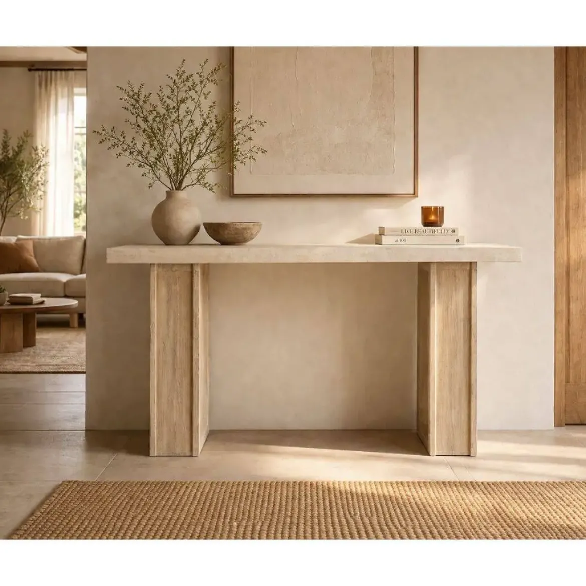 Consola de Recibidor en Olmo Macizo con Mármol Travertino MB-226313