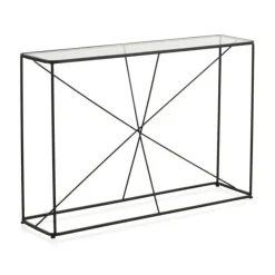 Consola de tubos de metal en color negro con sobre rectangular de Cristal GABAR 10943