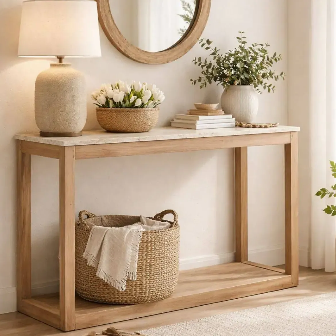 Consola Estructura de Madera Reciclada con Mármol Natural MB-221765