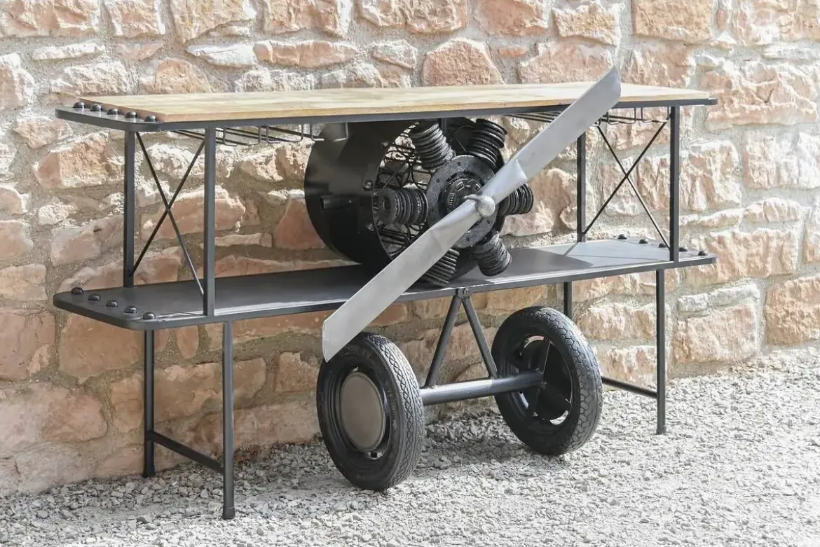 Consola Industrial Madera y Metal Diseño Avión Negro MB-211965