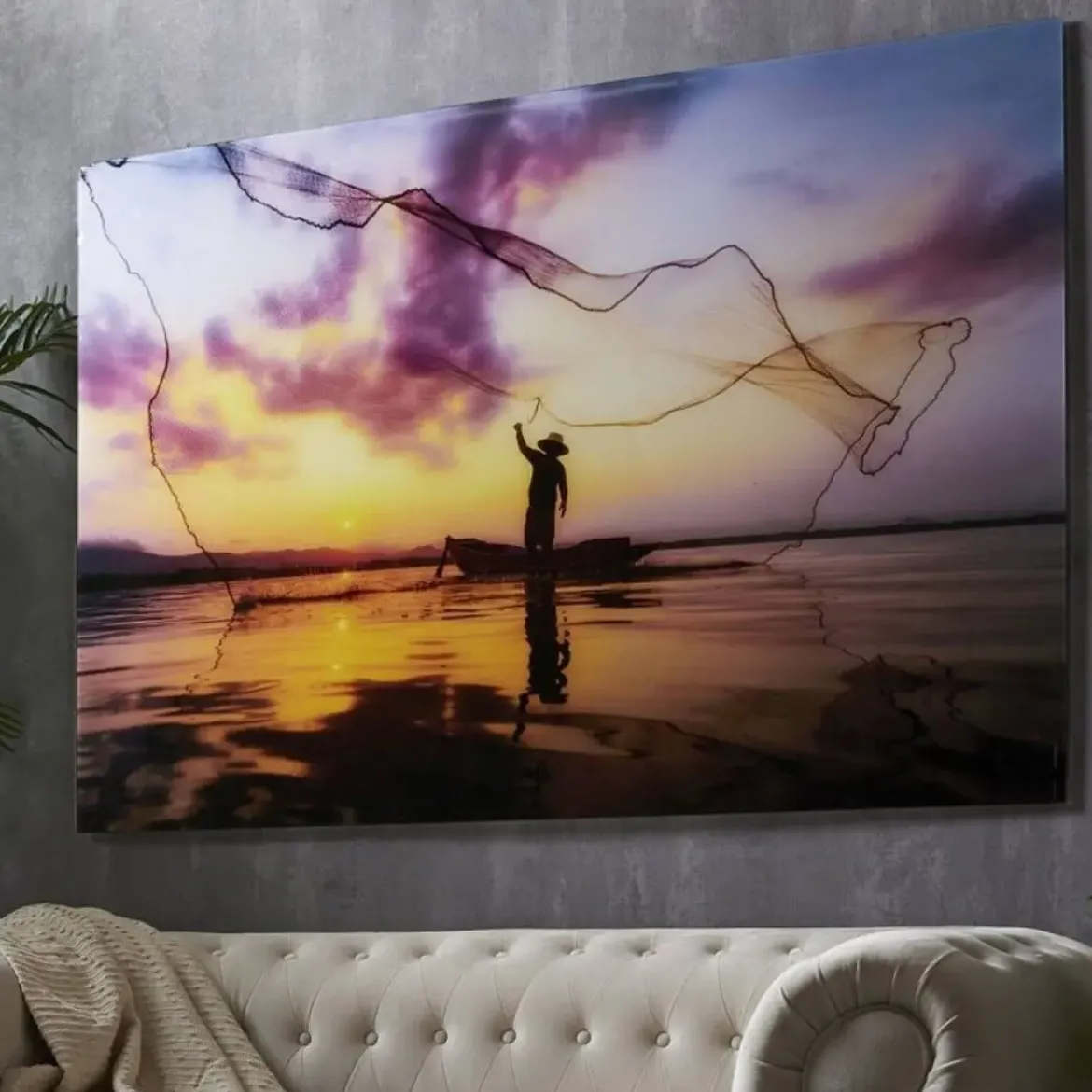 Cuadro de Cristal con Impresión del Atardecer y Silueta de pescador en Canoa 81-486