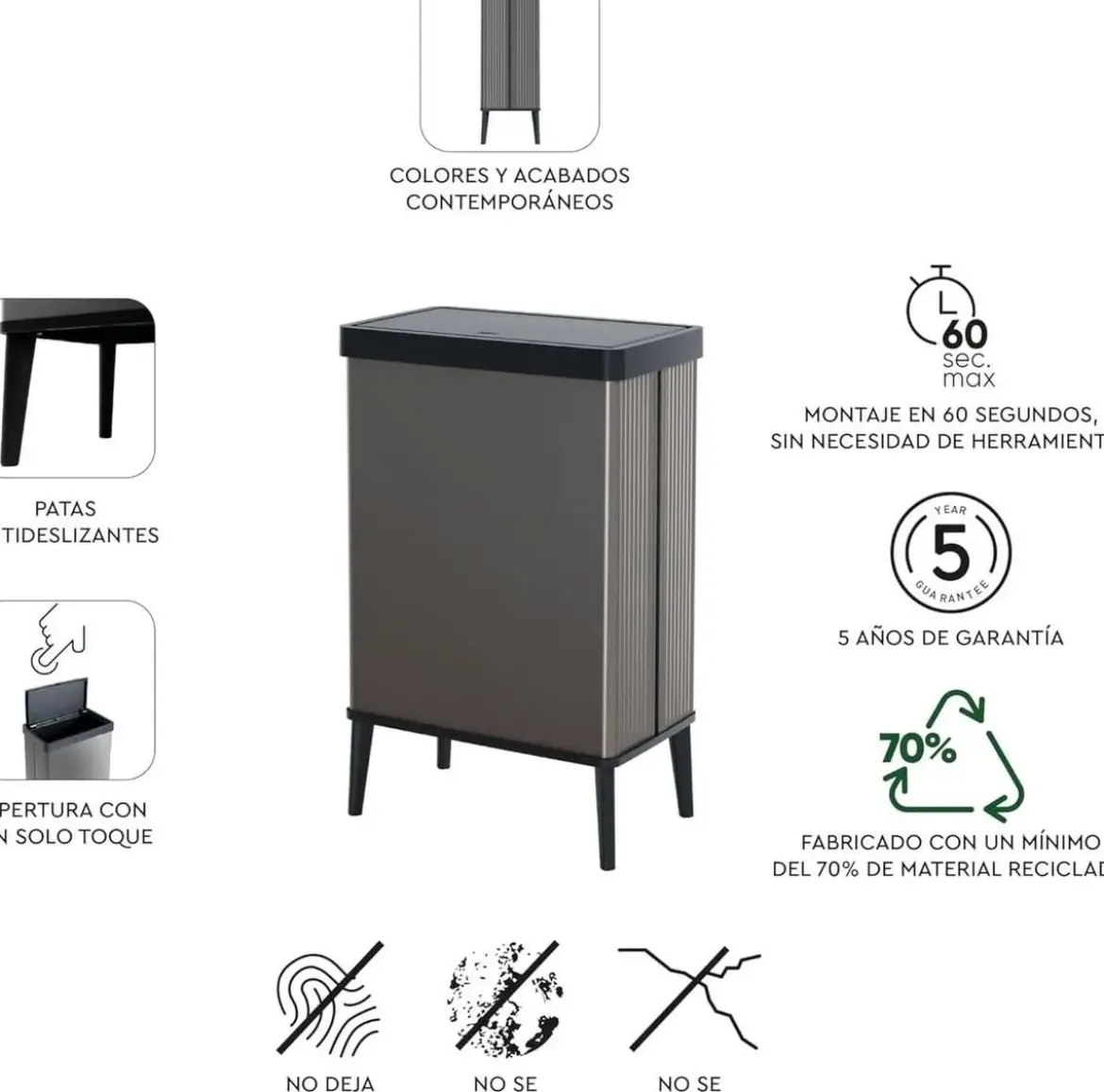 Cubo de Basura Alto Color Gris Perlado VERTO RECYCLE 261011
