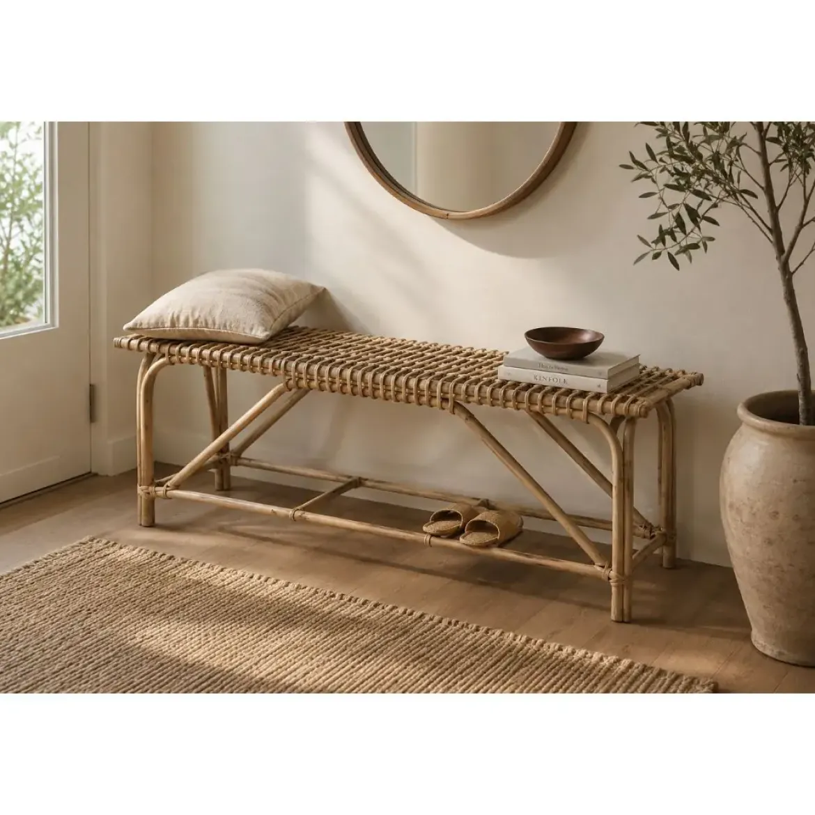 Descalzadora de Madera con Asiento de Mimbre Natural MB-217799