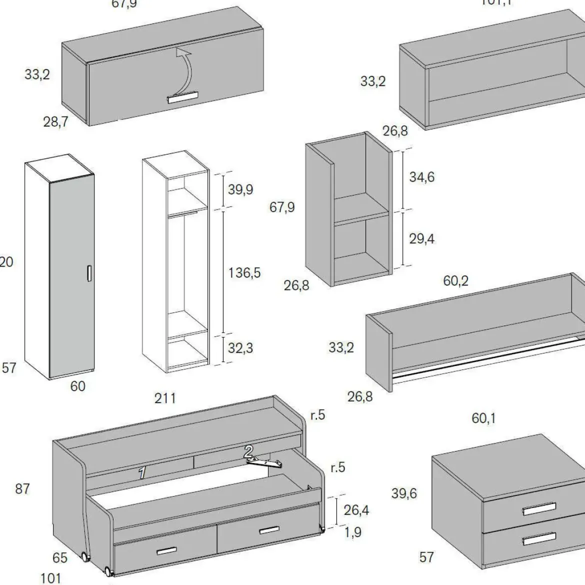 Dormitorio Juvenil con Cama Nido y Armario MUNDO JOVEN C102