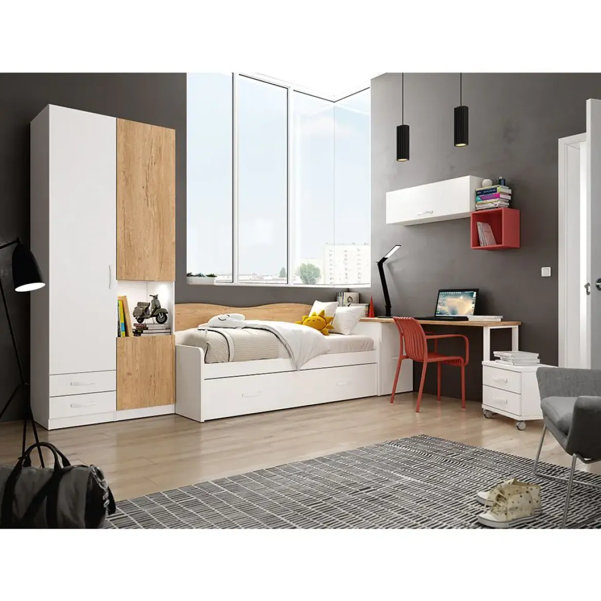 Dormitorio Juvenil LIDER GO 230 Acabado en Blanco/Bambú/Terraco