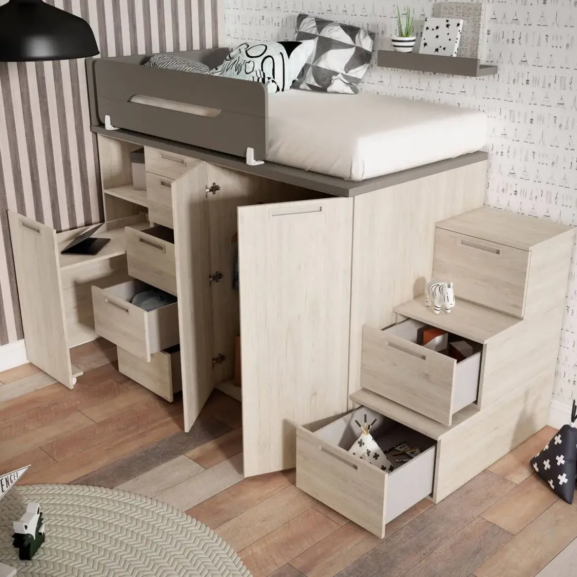 Dormitorio Juvenil SAND/VULCANO con Escritorio Extraíble y Ropero ADAPT 48