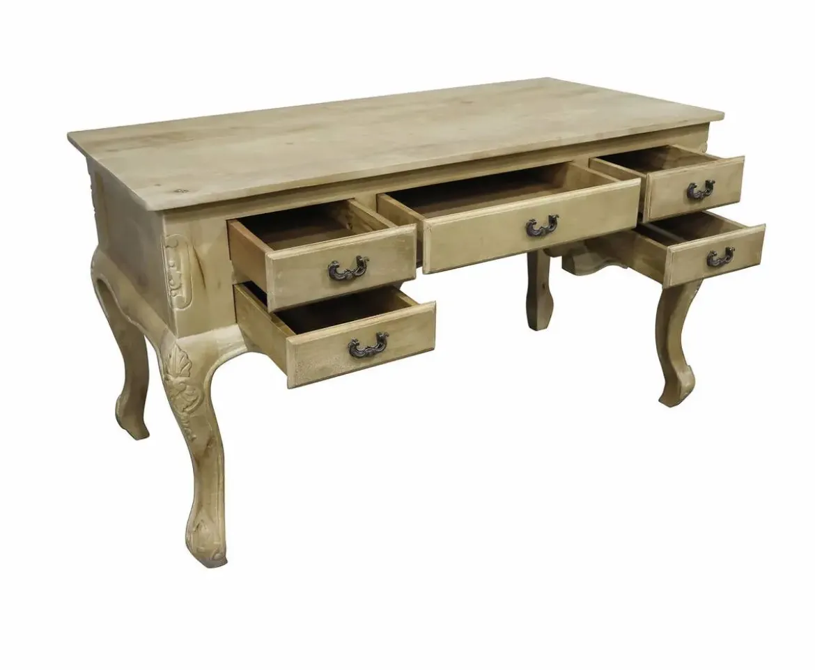 Escritorio de Madera Maciza con Acabado Decapé Natural y 5 Cajones MB-223361