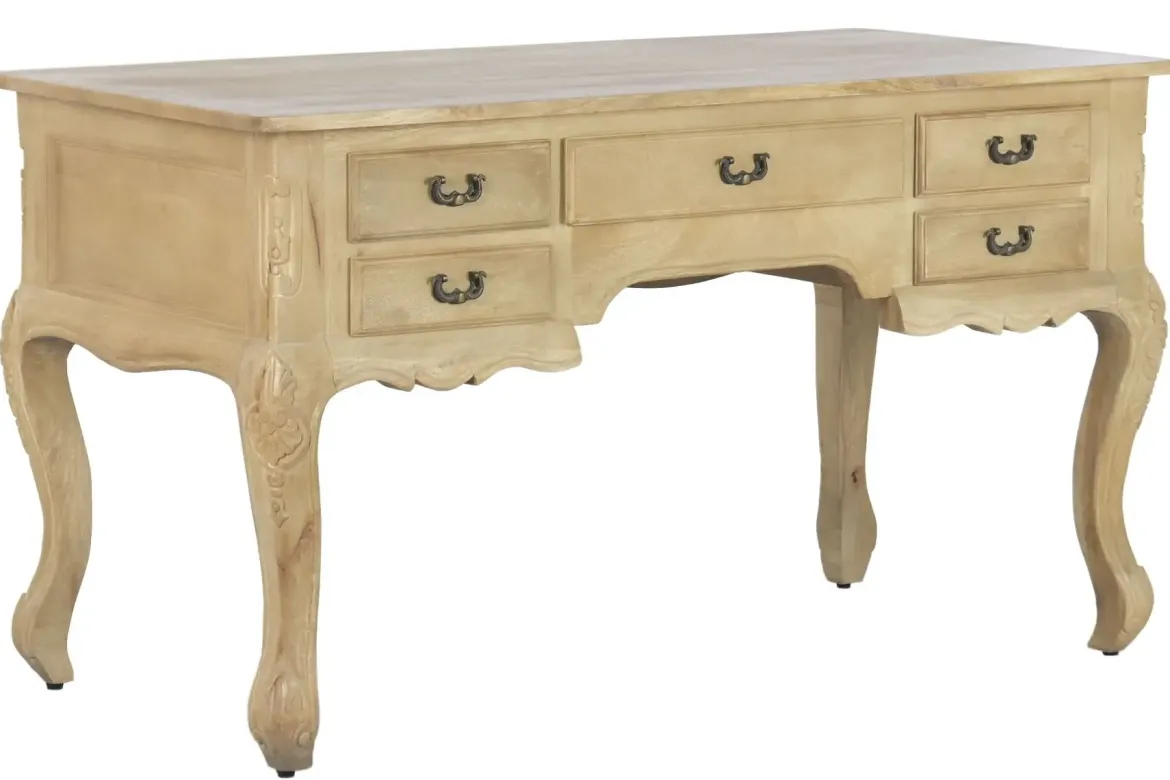 Escritorio de Madera Maciza con Acabado Decapé Natural y 5 Cajones MB-223361