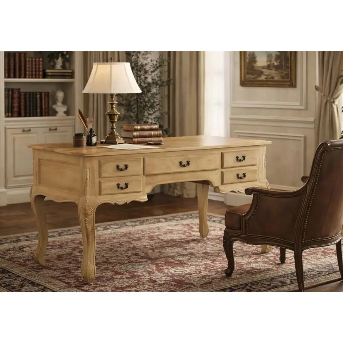 Escritorio de Madera Maciza con Acabado Decapé Natural y 5 Cajones MB-223361