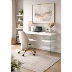 Escritorio de Oficina Blanco deMDF y Cristal con 2 Estantes Inferiores MB-207705
