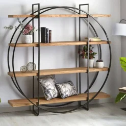 Estantería de madera de acacia con 4 baldas y estructura de acero circular con acabado natural y negro 68-429