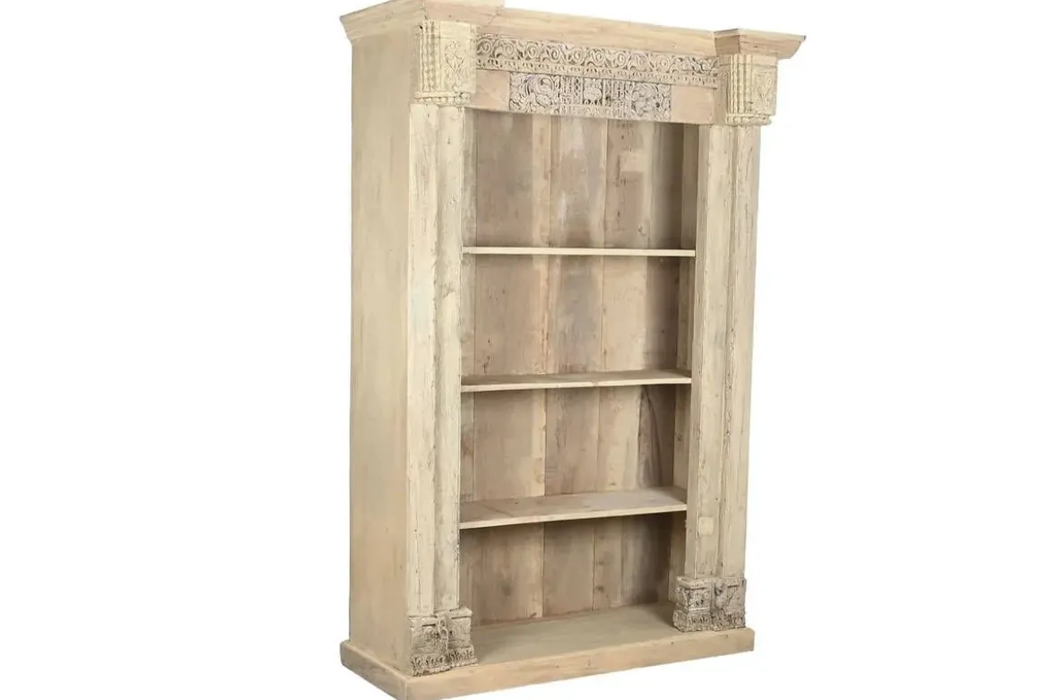 Estantería de Madera de Teca Tallada Acabado Natural Antiguo MB-220539