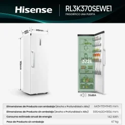 Frigorífico 1 Puerta Hisense No Frost 372 L Blanco RL3K370SEWE1