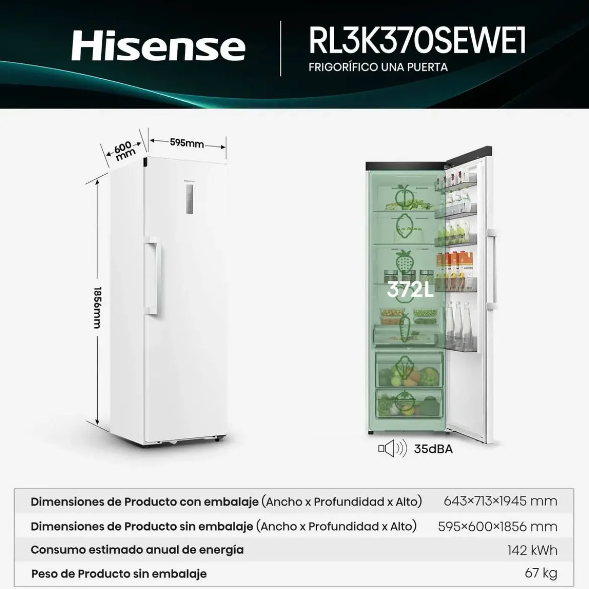 Frigorífico 1 Puerta Hisense No Frost 372 L Blanco RL3K370SEWE1