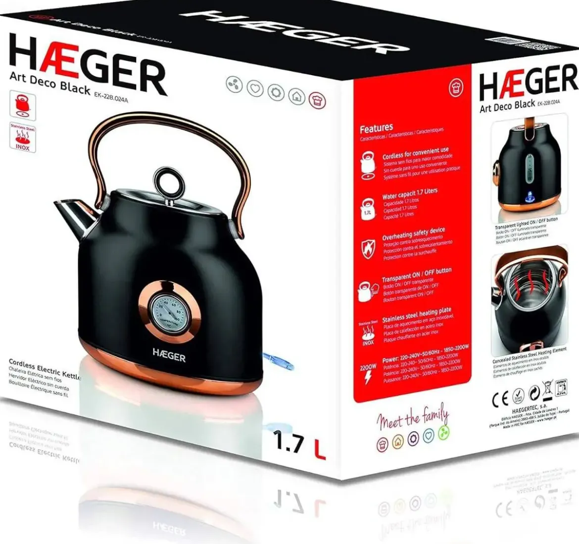 Hervidor Eléctrico 1,7 L 2200W Diseño Art Deco HAEGER EK22B024A