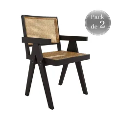 Juego de dos sillas con Asiento de Ratán y Estructura de Madera de Fresno Color negro con brazos ENEA CG3006NR