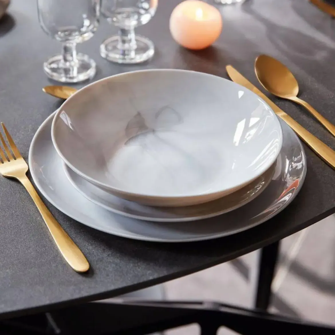 Juego de Mesa OPAL de 18 Platos de Porcelana6 Personas DIWALI GRANIT MARB LUMINARC
