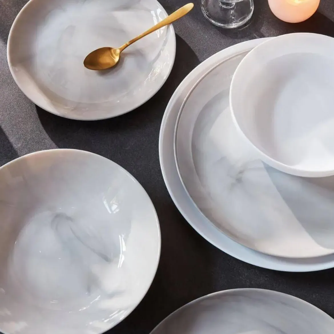 Juego de Mesa OPAL de 18 Platos de Porcelana6 Personas DIWALI GRANIT MARB LUMINARC