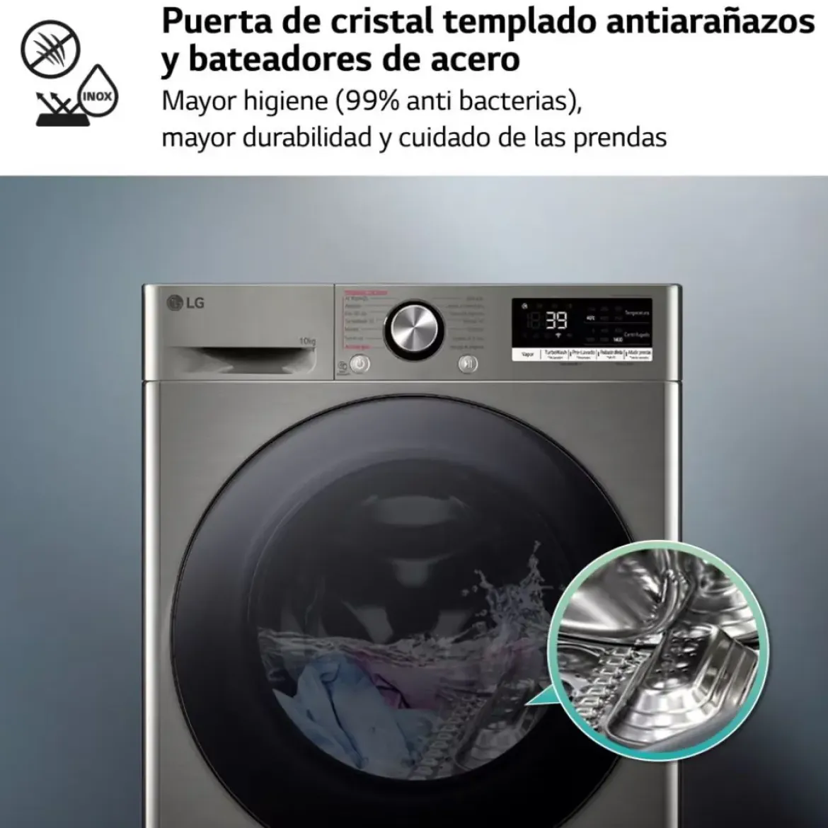 Lavadora LG 10.5kg 1400rpm Clase A con Vapor Steam+ Inox F4WR7010AGS