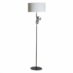 Lámpara de Pie con una Figura de Mono Estructura de Resina Color Plata y Pantalla de Tela Blanca55-468
