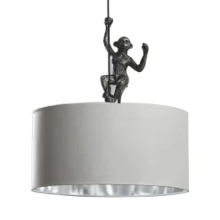 Lámpara de Techo con una Figura de Mono Estructura de Resina Color Plata y Pantalla de Tela Blanca 55-466