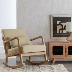 Mecedora de Madera Natural con Tapizado Beige 66 cm 613835