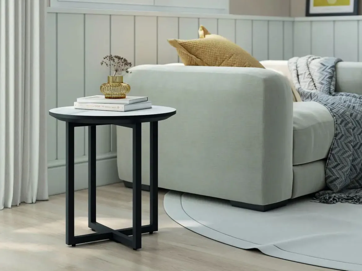 Mesa Auxiliar 40 cm Superficie Acabado Piedra de MDF con Patas de Metal Negro EGEO