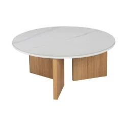Mesa de Centro Blanco-Natural con Superficie Cerámica y Patas Metálicas 80x80x35 cm 612356