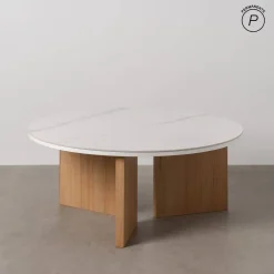 Mesa de Centro Blanco-Natural con Superficie Cerámica y Patas Metálicas 80x80x35 cm 612356