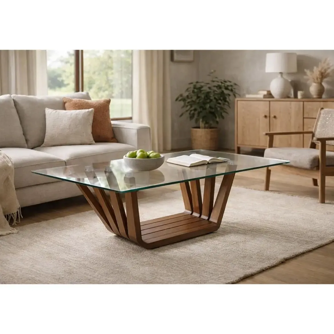Mesa de Centro Cristal y Madera Nogal 130 cm MB-204498
