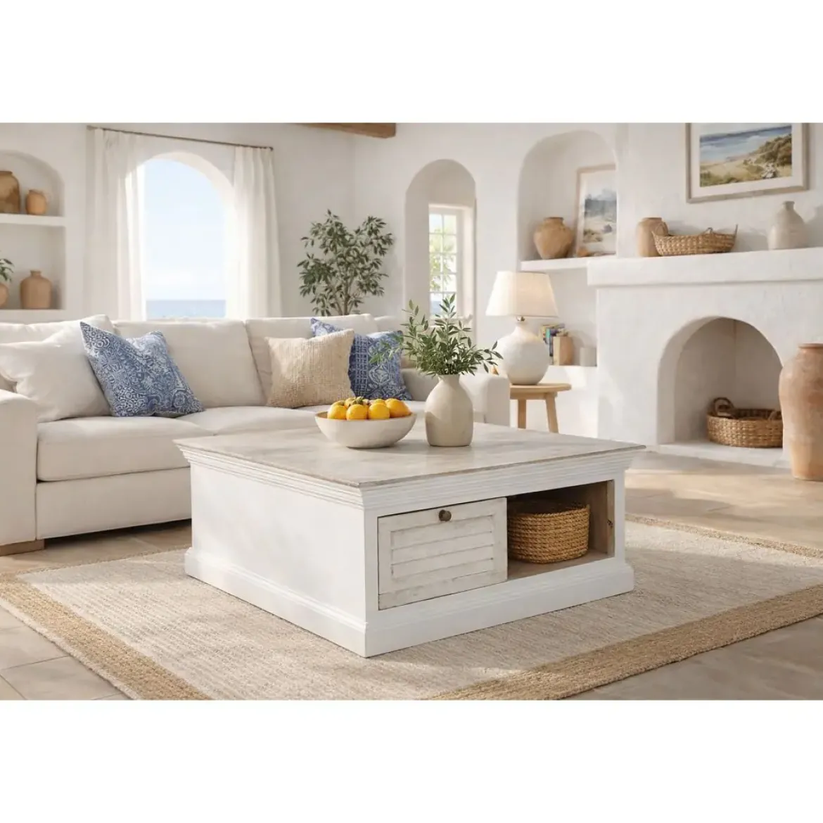 Mesa de Centro Cuadrada en Madera de Mango Blanco MB-219425