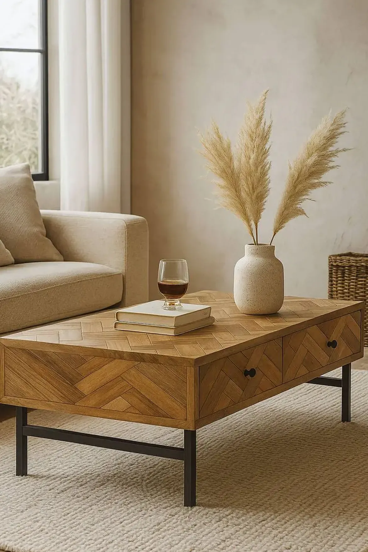 Mesa de Centro de Acacia con Cajones y Patas de Metal MB-222422