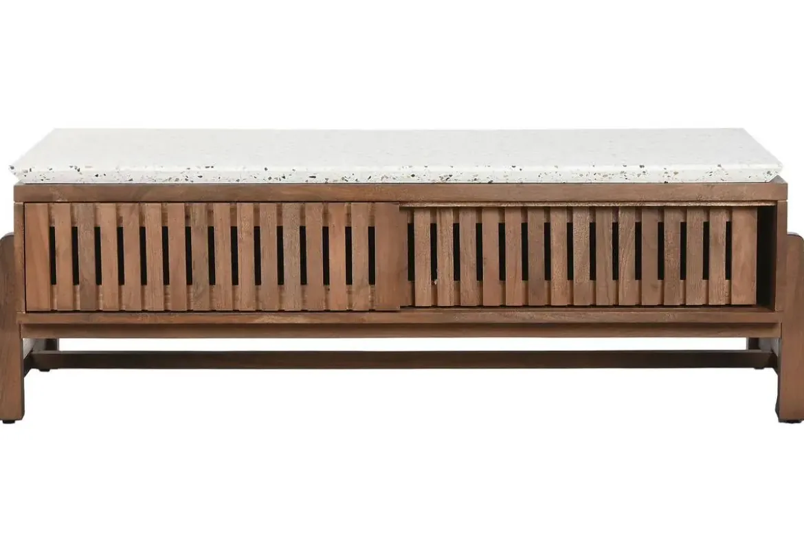 Mesa de Centro de Acacia con Terrazo y Puertas Correderas MB-219028