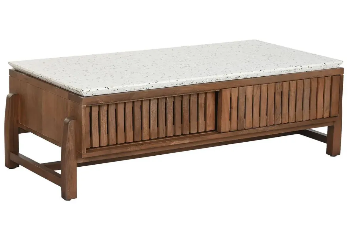 Mesa de Centro de Acacia con Terrazo y Puertas Correderas MB-219028
