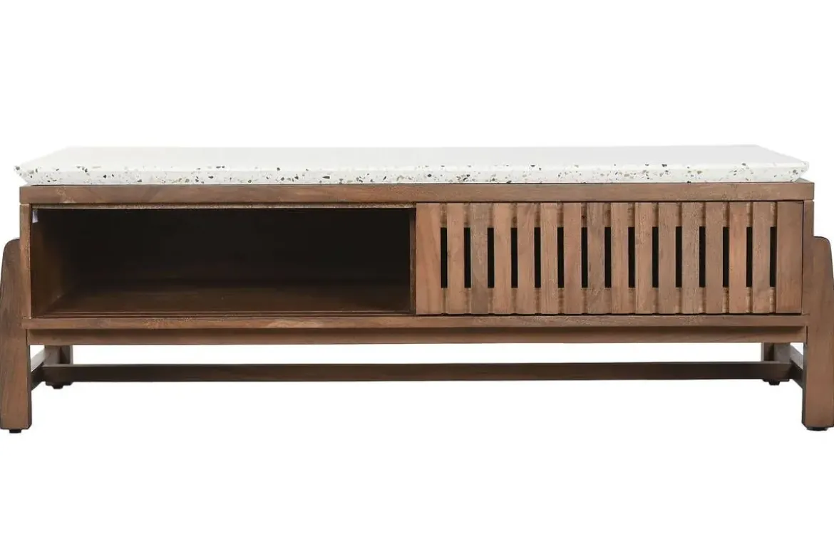 Mesa de Centro de Acacia con Terrazo y Puertas Correderas MB-219028
