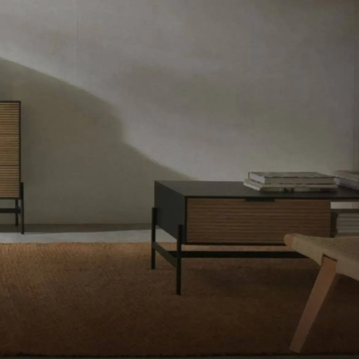 Mesa de centro de madera chapada en fresno de color negro con cajones naturales GABAR 10977