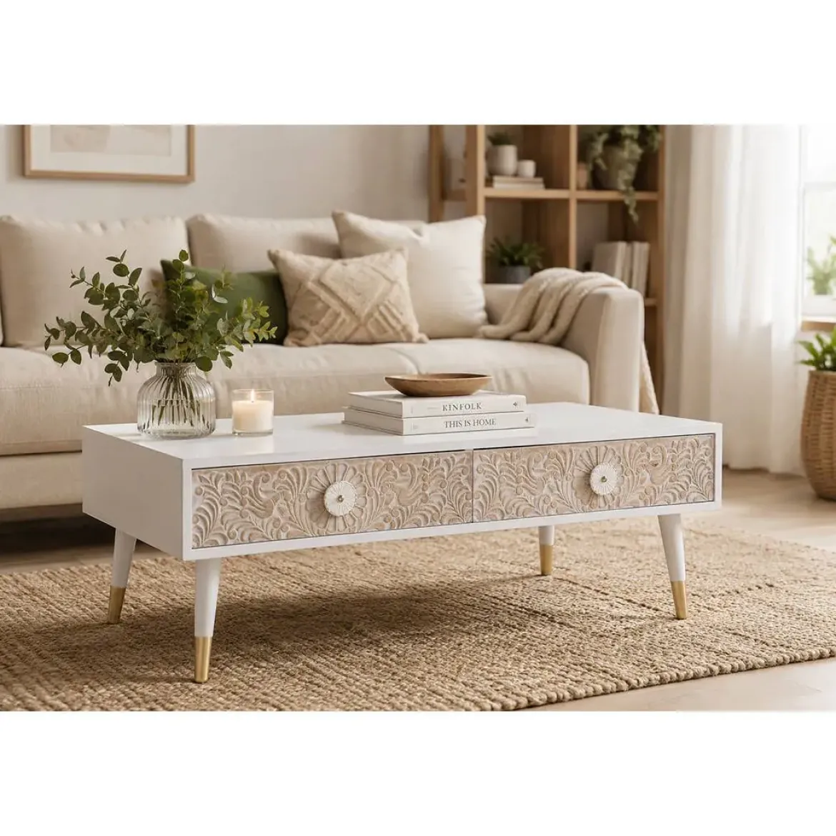 Mesa de Centro de Madera de Abeto con Diseño Mandala y 2 Cajones MB-181214