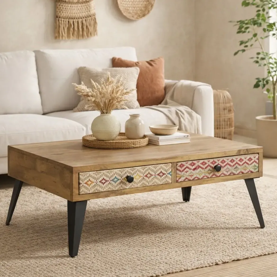 Mesa de Centro de Madera de Mango con Cajones y Patas de Metal MB-190903