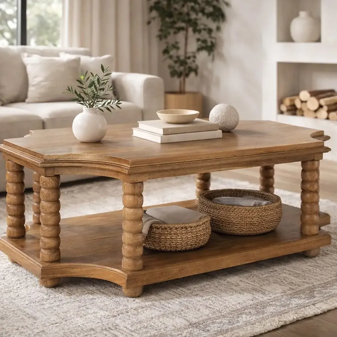 Mesa de Centro de Madera de Mango Torneada Natural MB-213711
