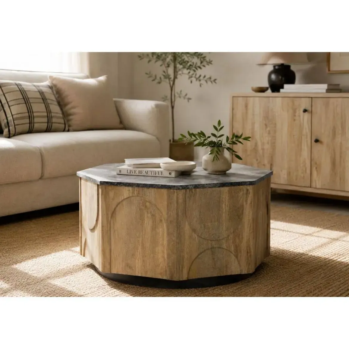 Mesa de Centro de Madera de Mango con Mármol Redonda MB-205540
