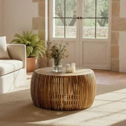 Mesa de Centro de Salón en Madera de Mango y Ratán 615237