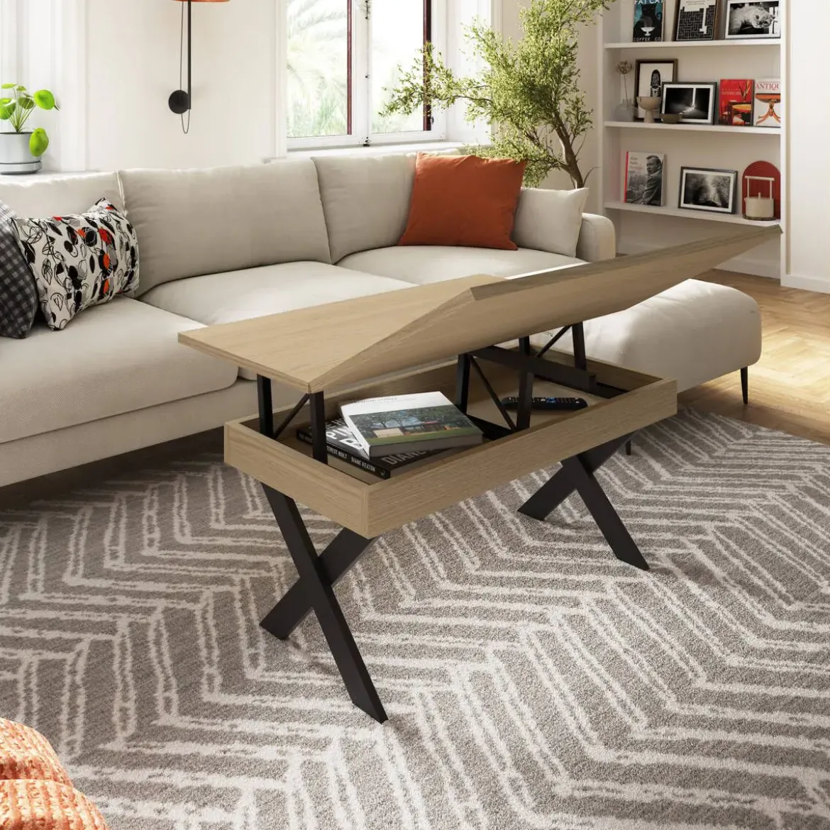 Mesa de Centro Elevable Rectangular en Melamina con Patas Metálicas en X M840
