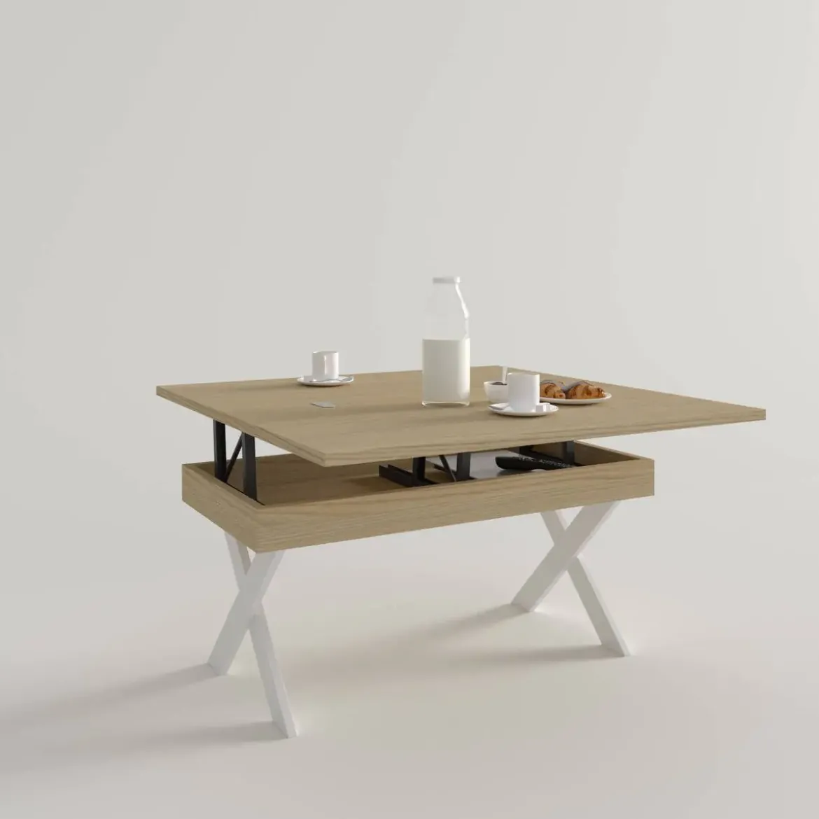 Mesa de Centro Elevable Rectangular en Melamina con Patas Metálicas en X M840