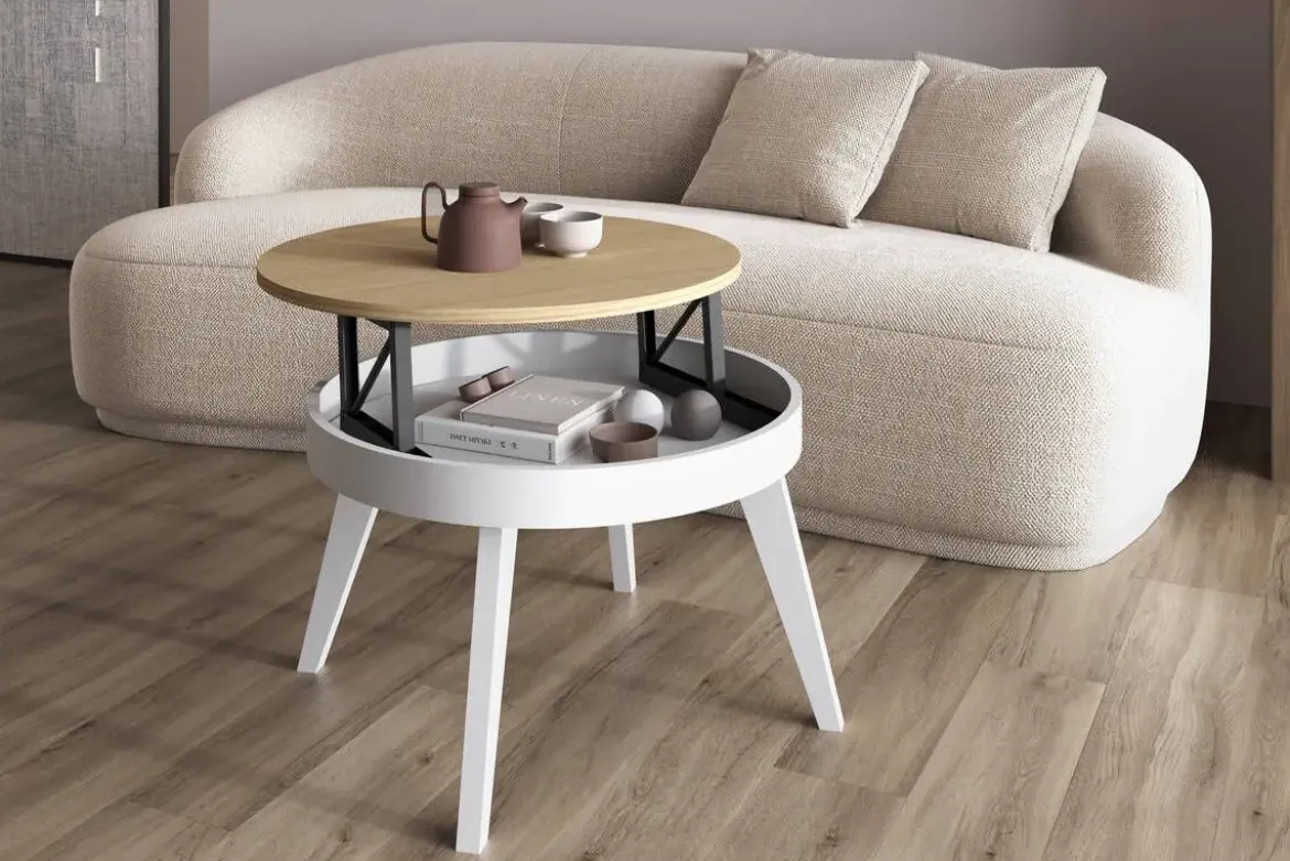 Mesa de Centro Elevable Redonda 72 cm con Patas Metálicas Inclinadas M837