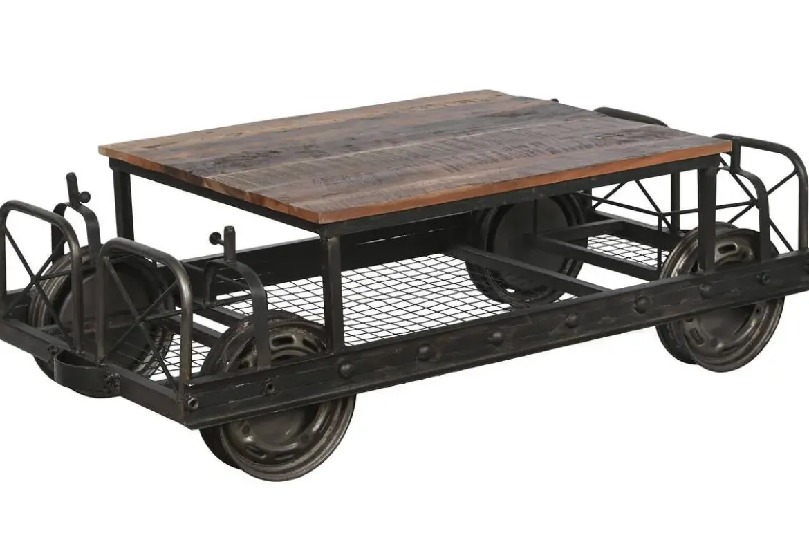 Mesa de Centro Industrial de Metal Negro con Tablero de Madera MB-208382
