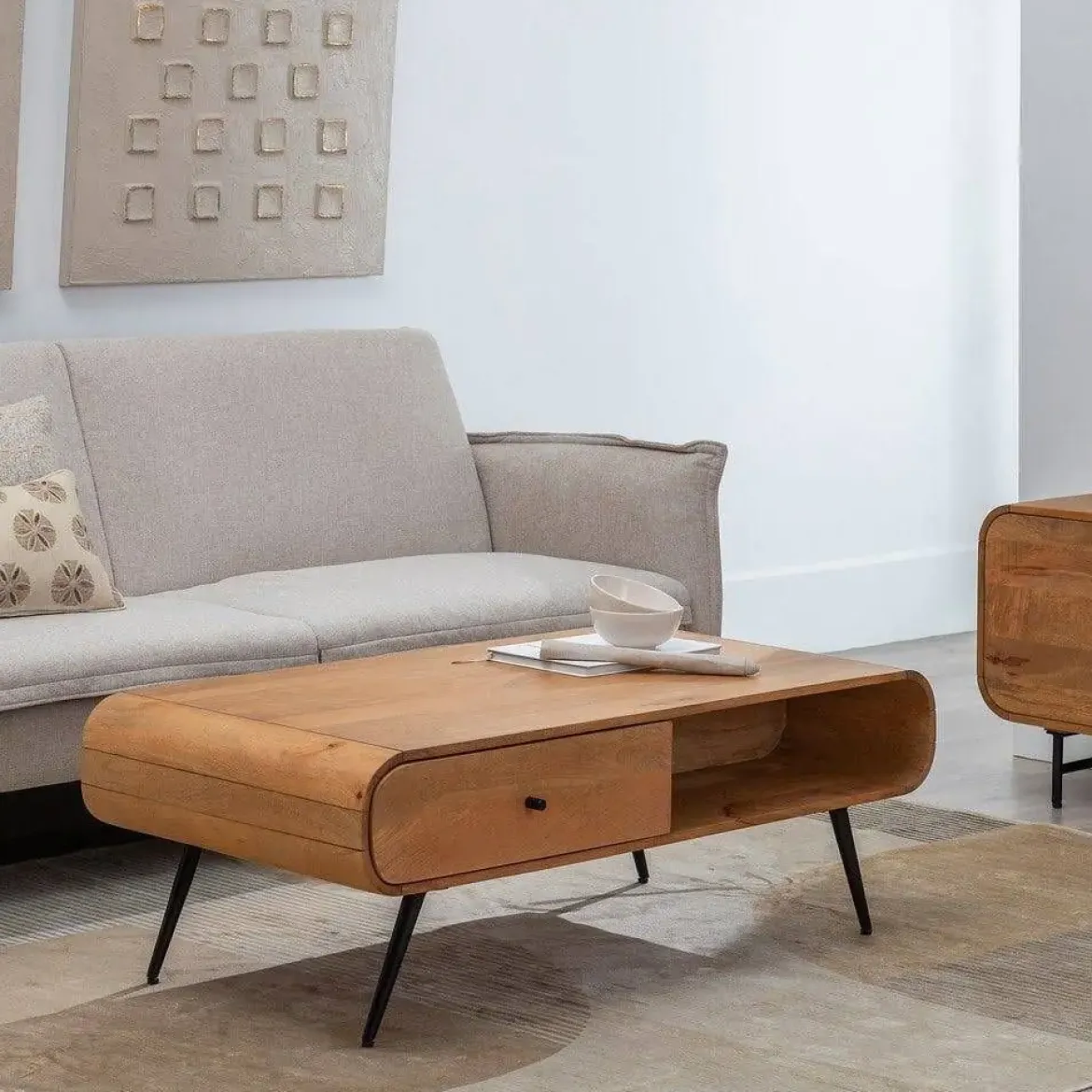 Mesa de Centro Natural en Madera de Mango con Cajón y Hueco 120 cm 612706