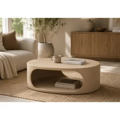 Mesa de Centro Ovalada de MDF Acabado Rugoso Color Arena MB-227610