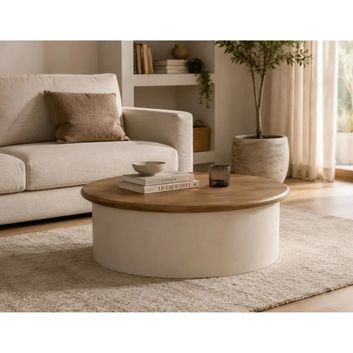 Mesa de Centro Rectangular en MDF y Madera de Abeto Crema MB-227612