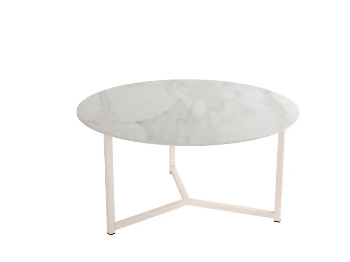 Mesa de centro redonda con estructura metálica marfil y sobre porcelánico acabado piedra BALEAR