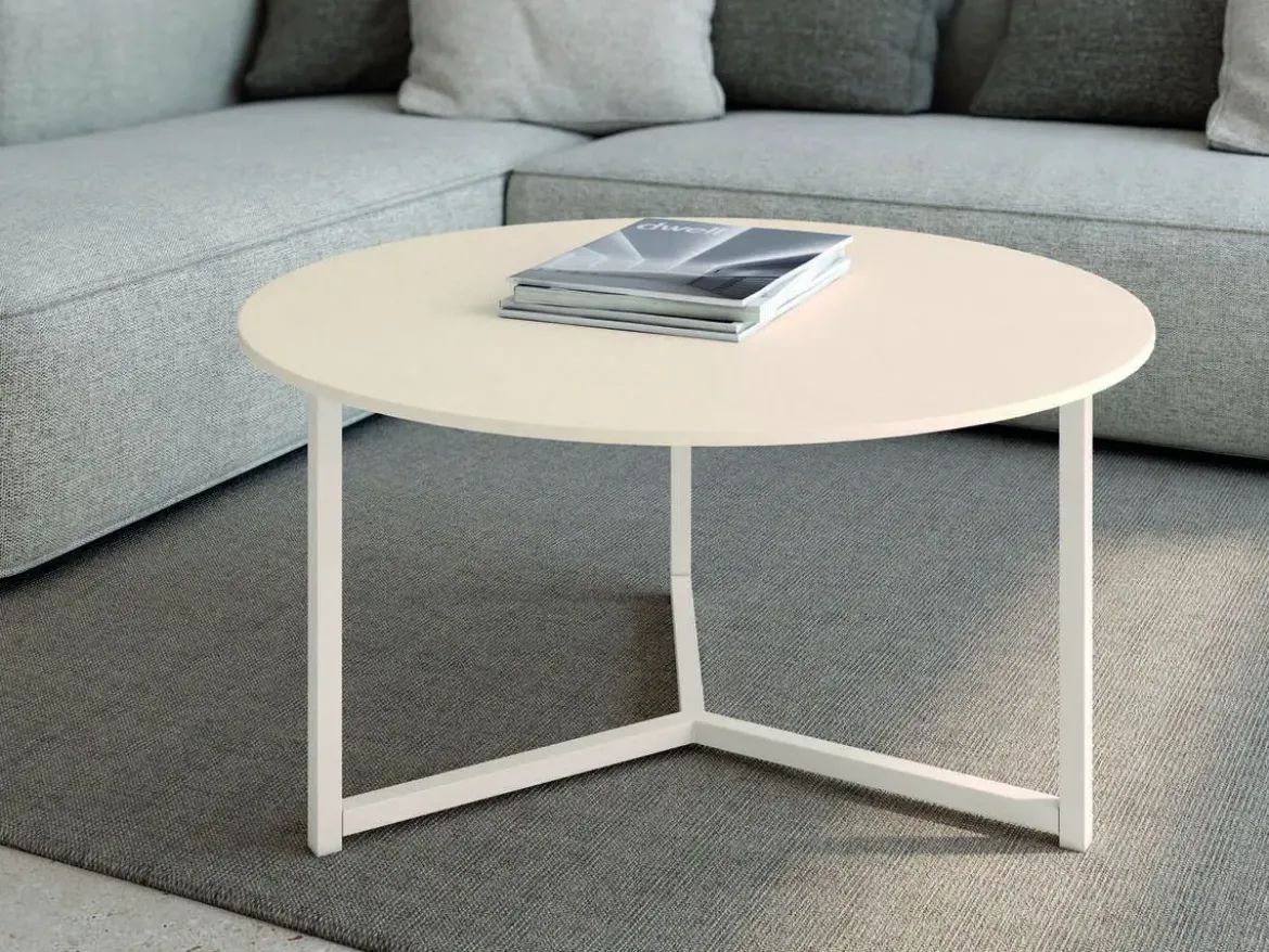 Mesa de centro redonda con estructura metálica marfil y sobre porcelánico acabado piedra BALEAR